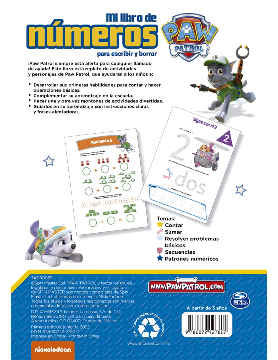 Paw patrol mi libro de números para escribir y borrar de Nickelodeon