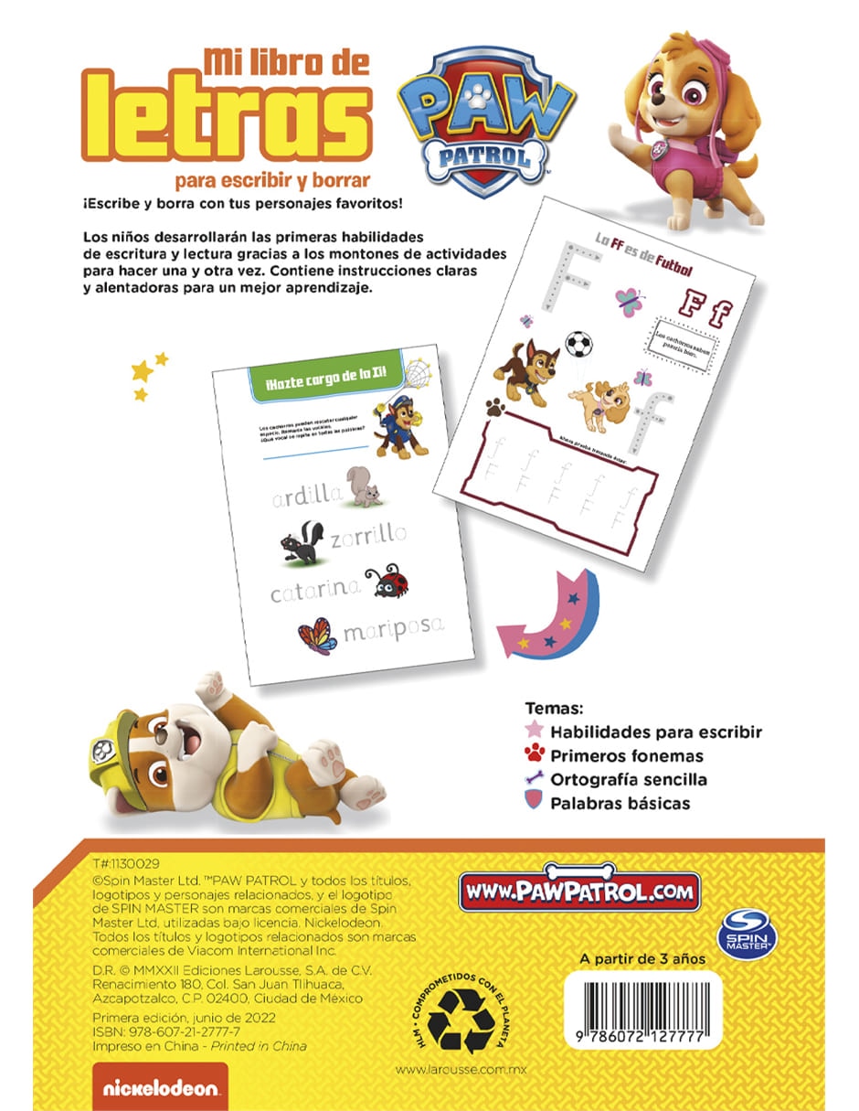 Paw patrol mi libro de letras para escribir y borrar de Ediciones Larousse