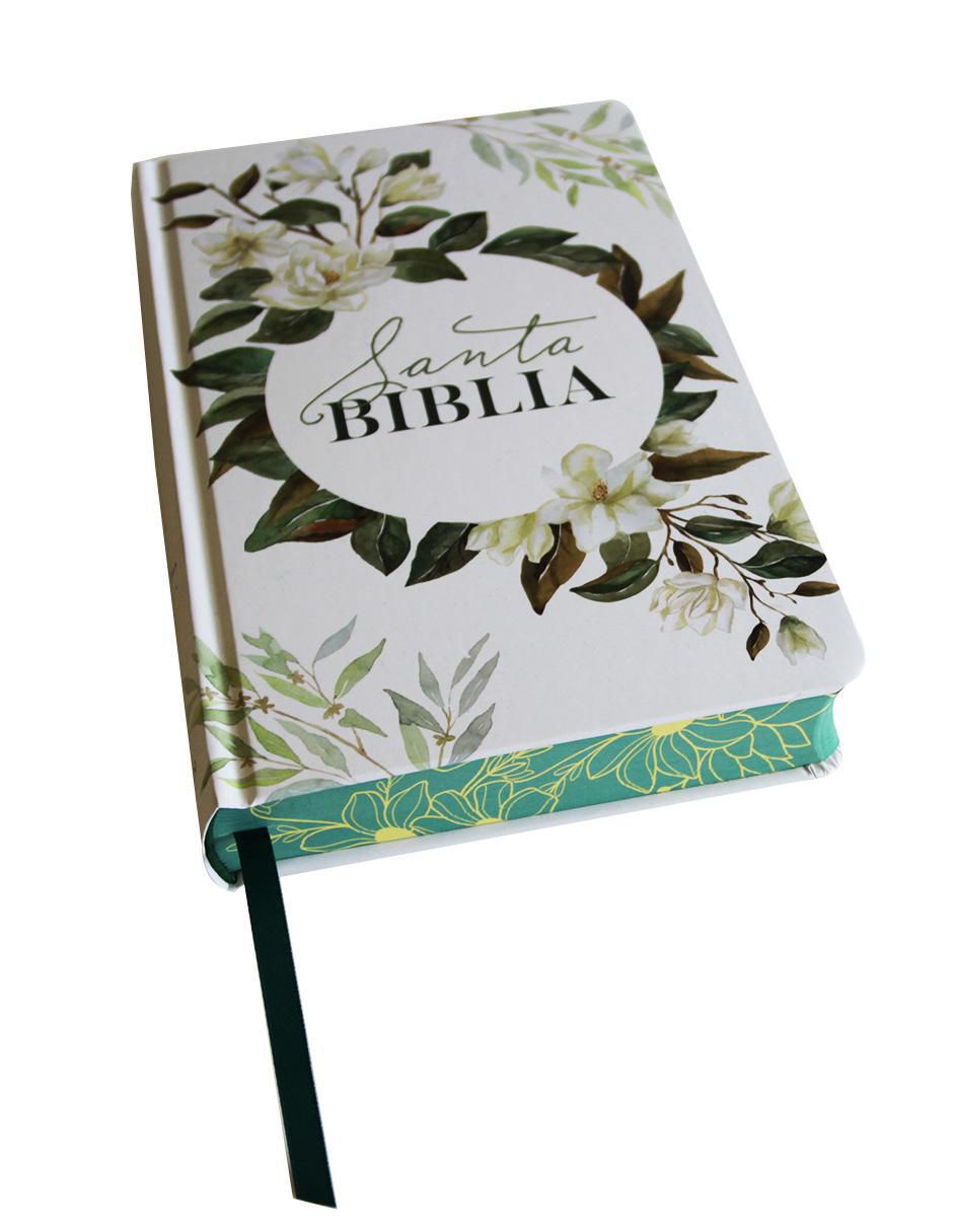 Libro Biblia RVR 1960 Letra Grande Tamaño Manual Ultrafina Tapa Dura Con Flores Blancas Y Cantos Pintados de Reina Valera