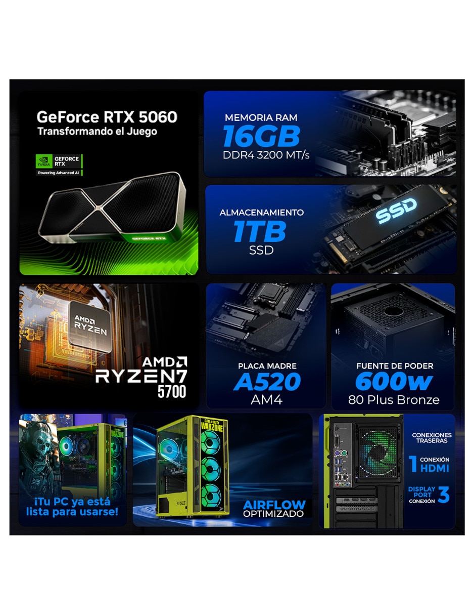 Computadora gamer xtpcr716gb5060ge amd ryzen 7 nvidia geforce rtx 5060 16 GB RAM 1 TB SSD 7